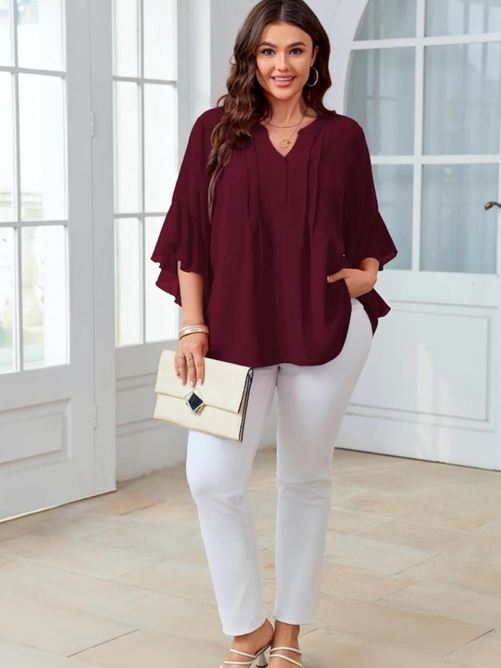SCOMCHIC NWT Burgundy Ruffle Tulip Sleeve Chiffon Blouse 3XL Plus Size